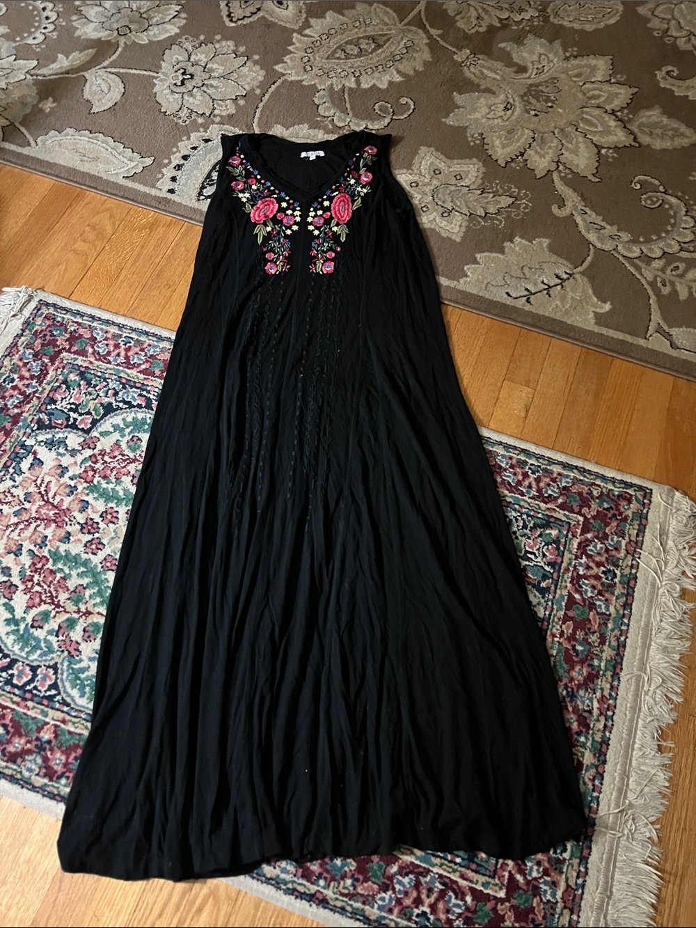 Black Sleeveless Maxi Dress with Pink Floral Embroidered Yoke